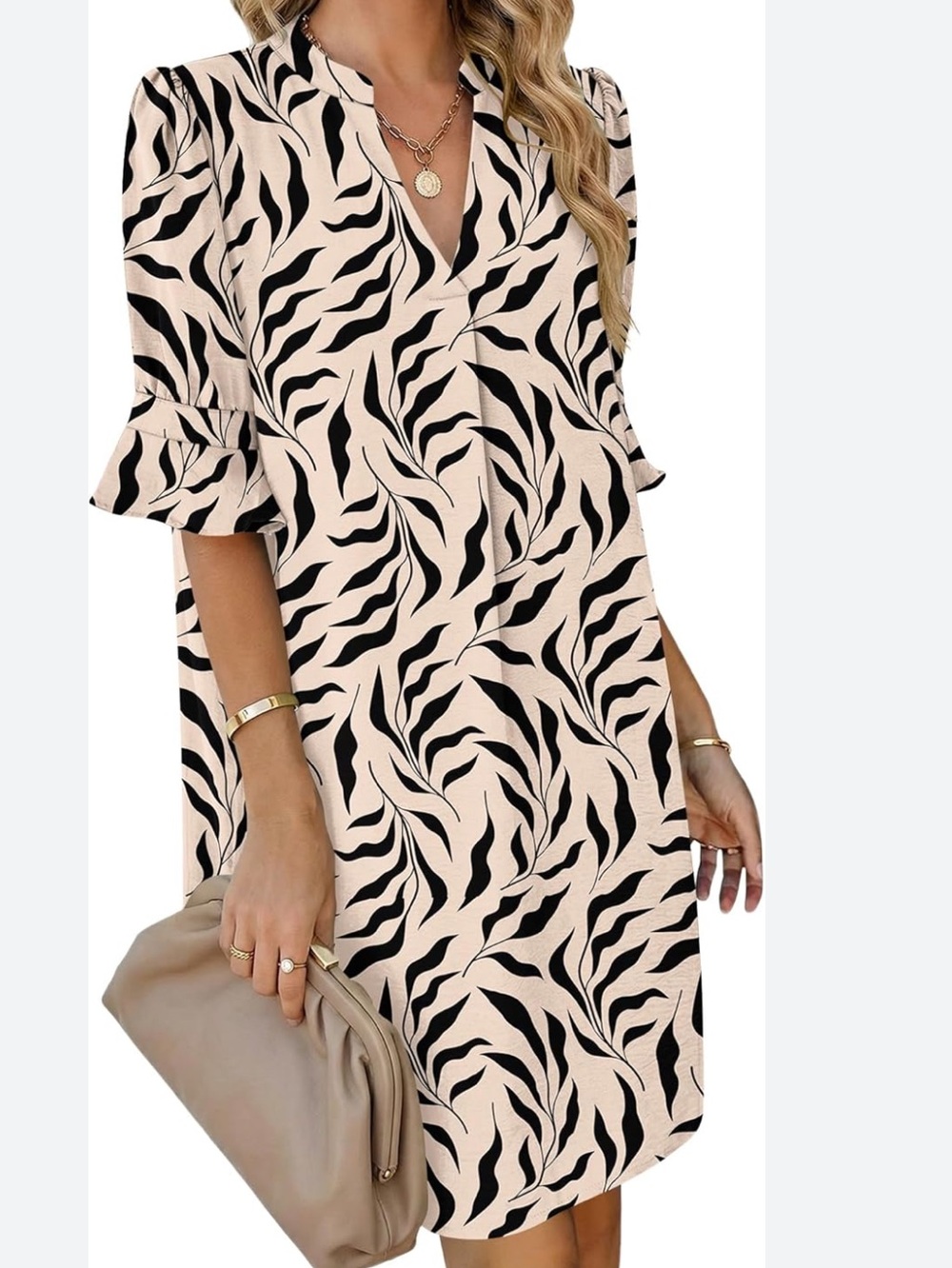 Auselily S cream and black vneck short sleeve dress
